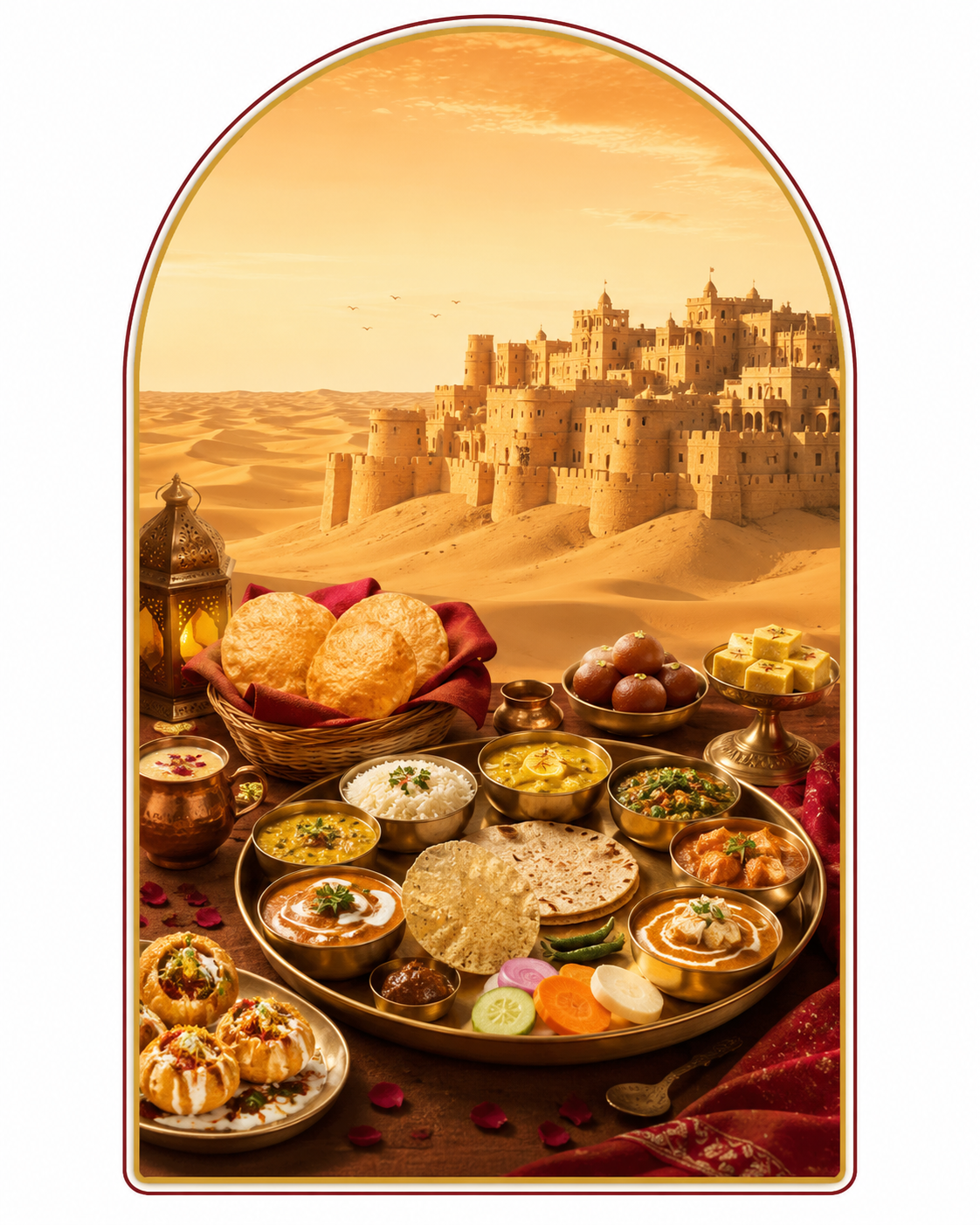 Rajasthani thali with sweets and chaat set against Jaisalmer's golden fort