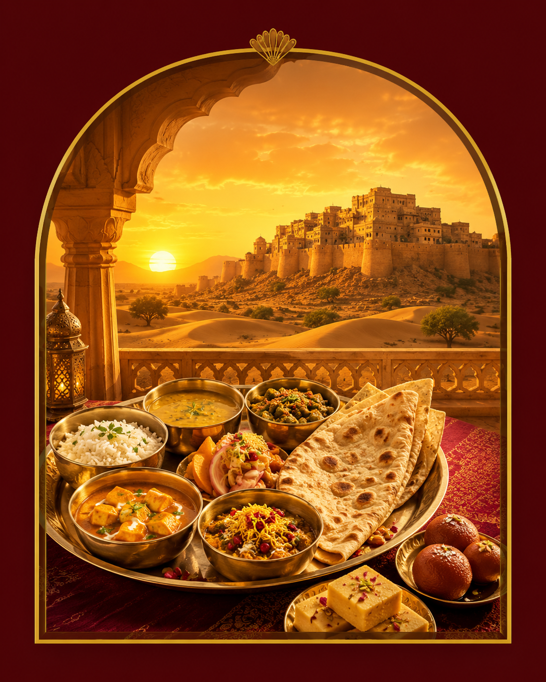 Rajasthani thali served under a jharokha arch with Jaisalmer fort at sunset